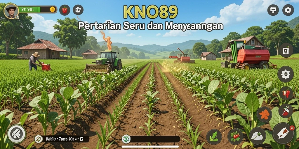 Screenshot gameplay KNO89 menampilkan kebun dengan tanaman subur dan hewan ternak.