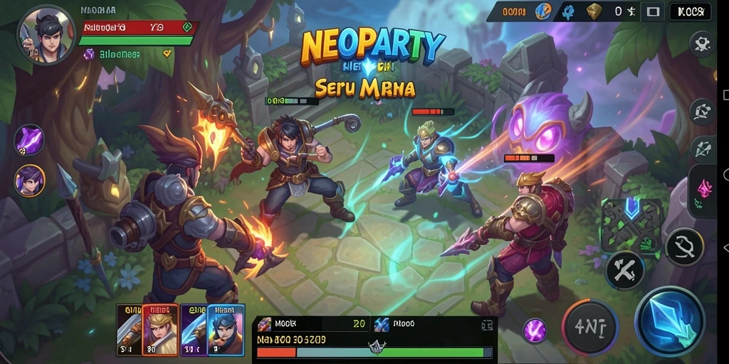 Tangkapan layar utama NEOPARTY menampilkan pertempuran seru dalam game MOBA.