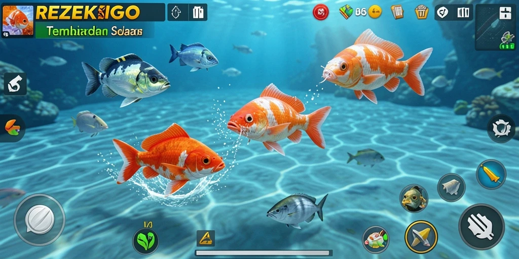 Tampilan screenshot gameplay seru di REZEKIGO saat menembak ikan.