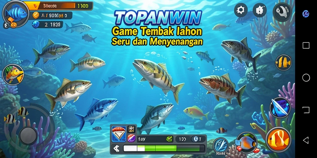 Screenshot gameplay TOPANWIN menampilkan serunya berburu ikan dengan berbagai senjata.