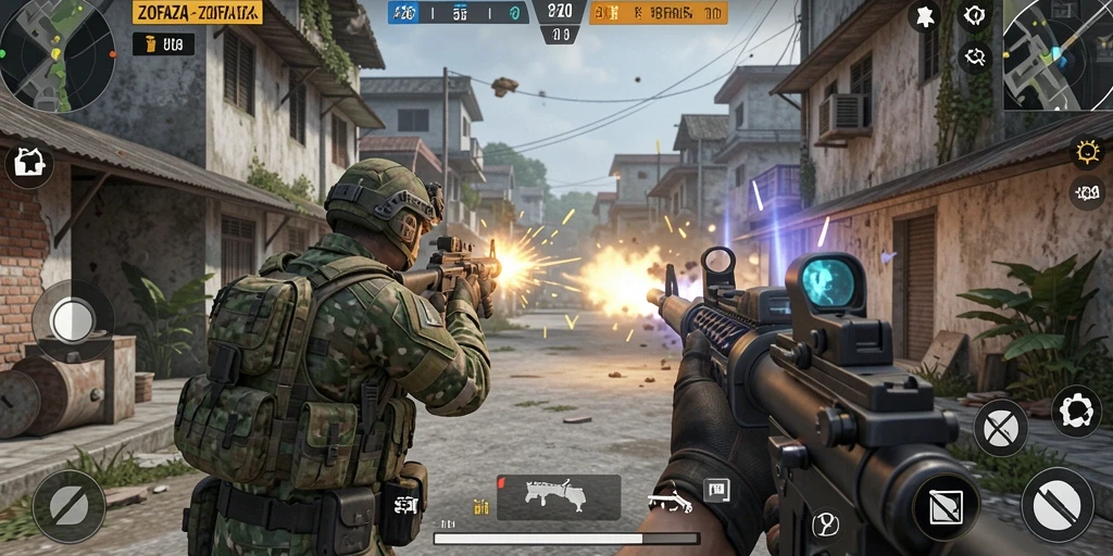Screenshot gameplay ZOFAZA yang menampilkan aksi tembak-menembak yang seru.